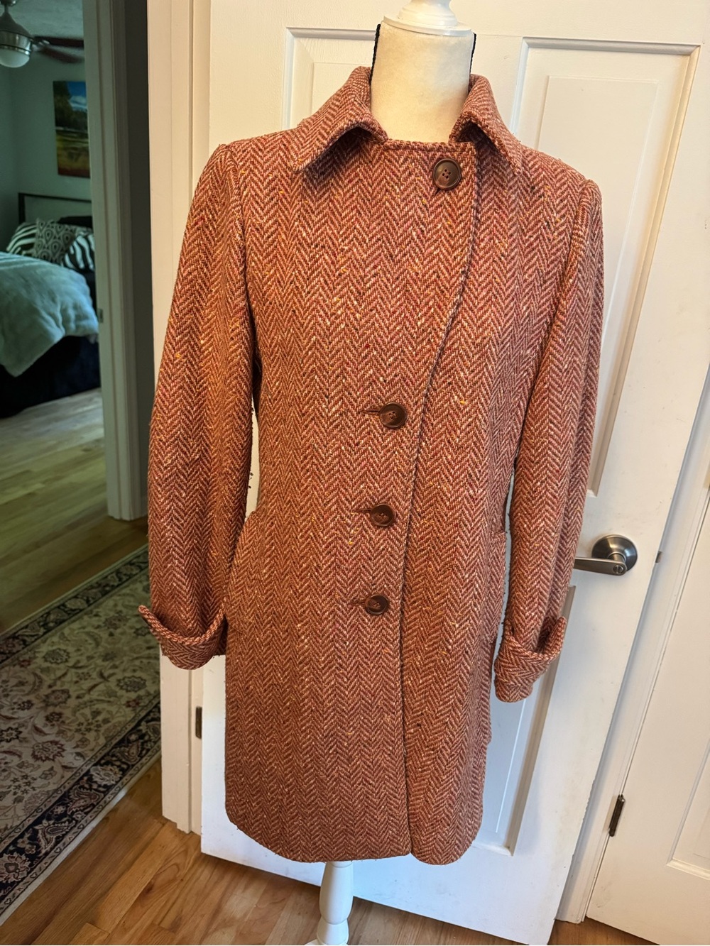 CAbi Rust Herringbone Wool-Blend Pea Coat